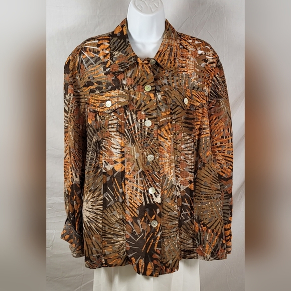 RUBY RD. Rust and Brown Safari Print Button Up Shirt Jacket - Size 18W or 1X - Picture 1 of 4
